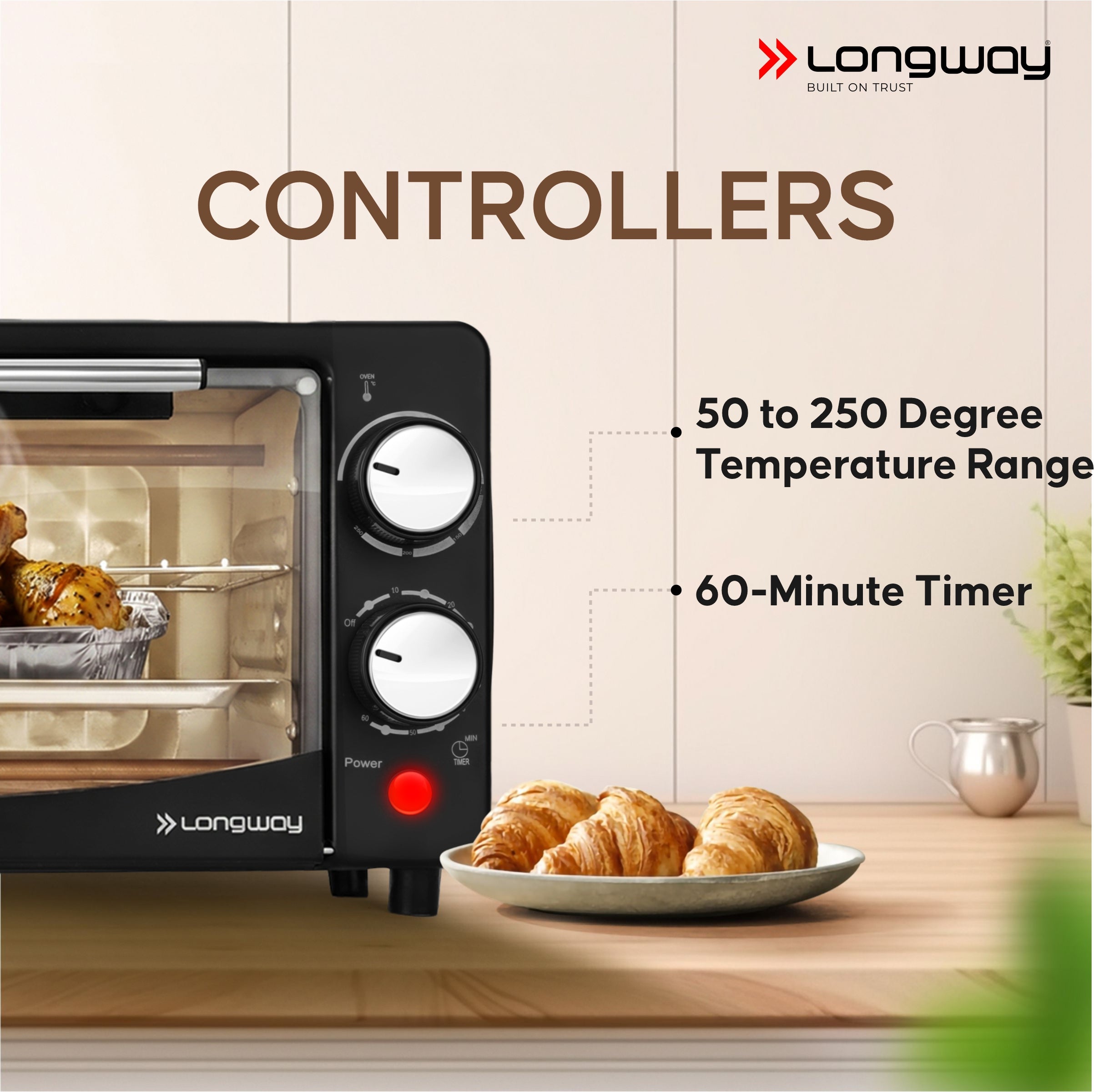 Longway Royal Plus OTG 12L Oven Toaster Griller with Multiple Heating Modes | Temperature Timer Control for Baking Pizza, Cake, Grilling Chicken & Toasting Bread | 2 Years Warranty (800W)