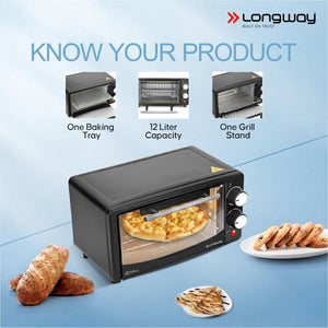 Longway Royal Plus OTG 12L Oven Toaster Griller with Multiple Heating Modes | Temperature Timer Control for Baking Pizza, Cake, Grilling Chicken & Toasting Bread | 2 Years Warranty (800W)