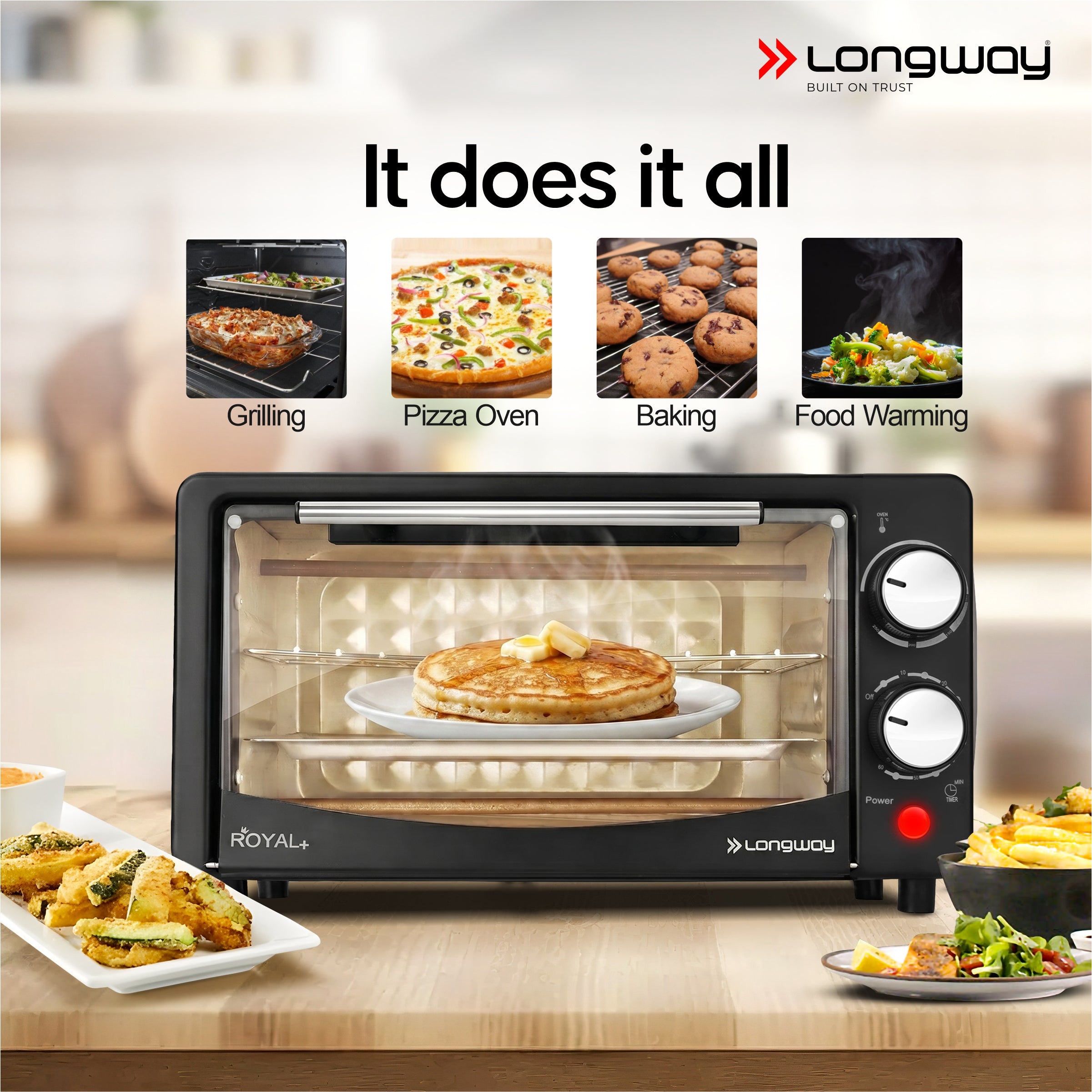 Longway Royal Plus OTG 12L Oven Toaster Griller with Multiple Heating Modes | Temperature Timer Control for Baking Pizza, Cake, Grilling Chicken & Toasting Bread | 2 Years Warranty (800W)