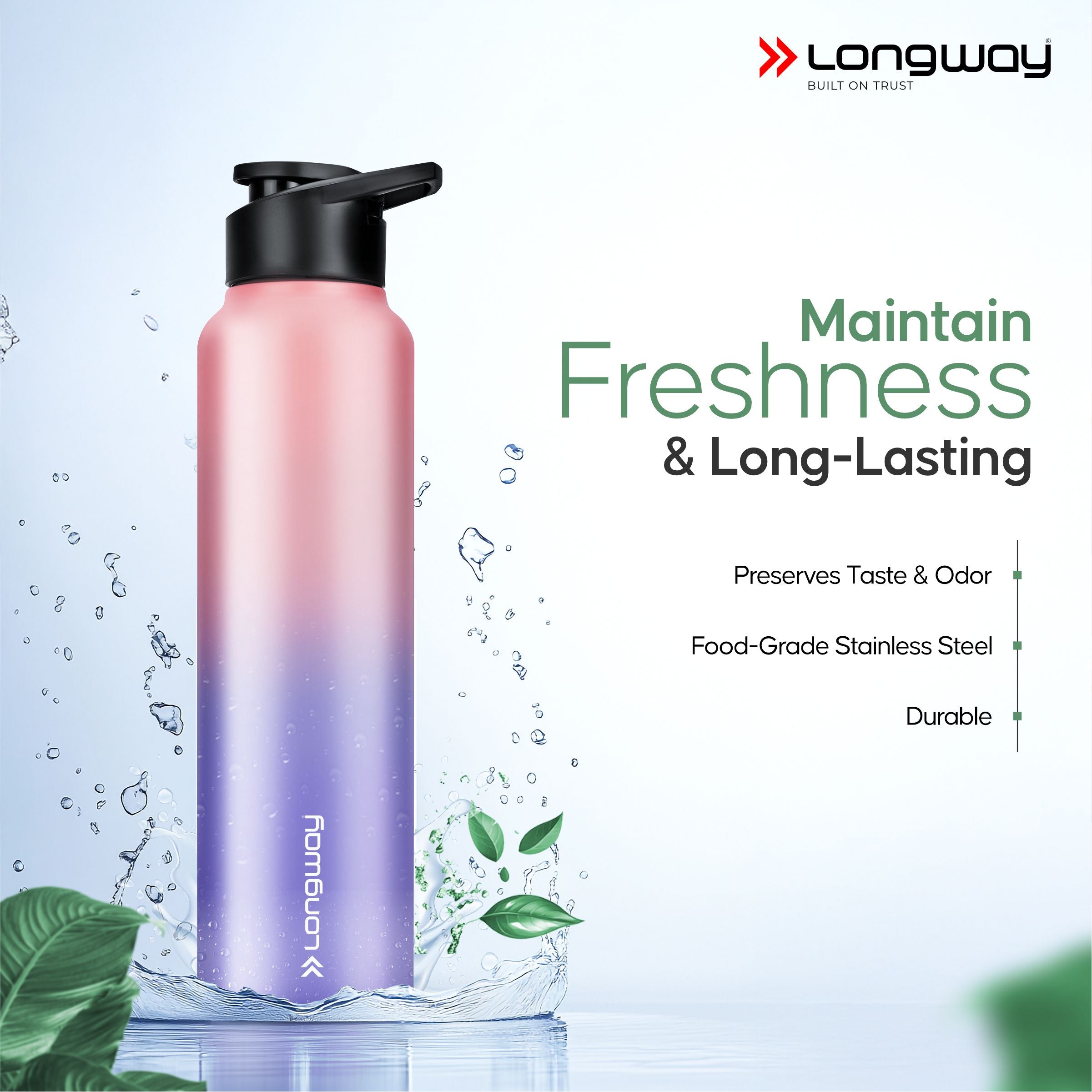 Longway Rush 1 Ltr Stainless Steel Water Bottle | Leak-Proof & Rust-Free Design | Perfect for School, Office, Home, Gym, Travel & Ideal for Men, Women & Kids (1000 ml, Aqua-Rose)