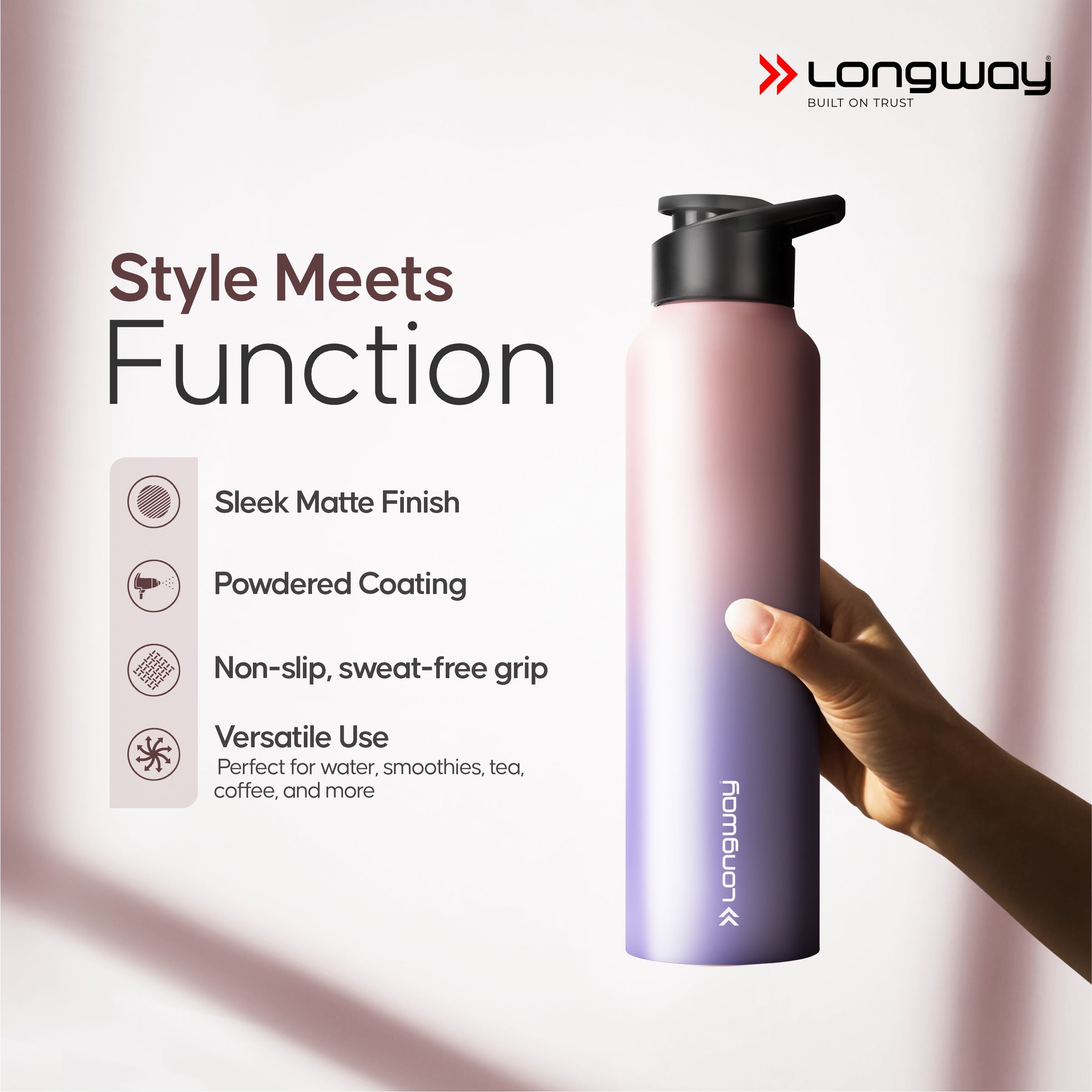 Longway Rush 1 Ltr Stainless Steel Water Bottle | Leak-Proof & Rust-Free Design | Perfect for School, Office, Home, Gym, Travel & Ideal for Men, Women & Kids (1000 ml, Aqua-Rose)