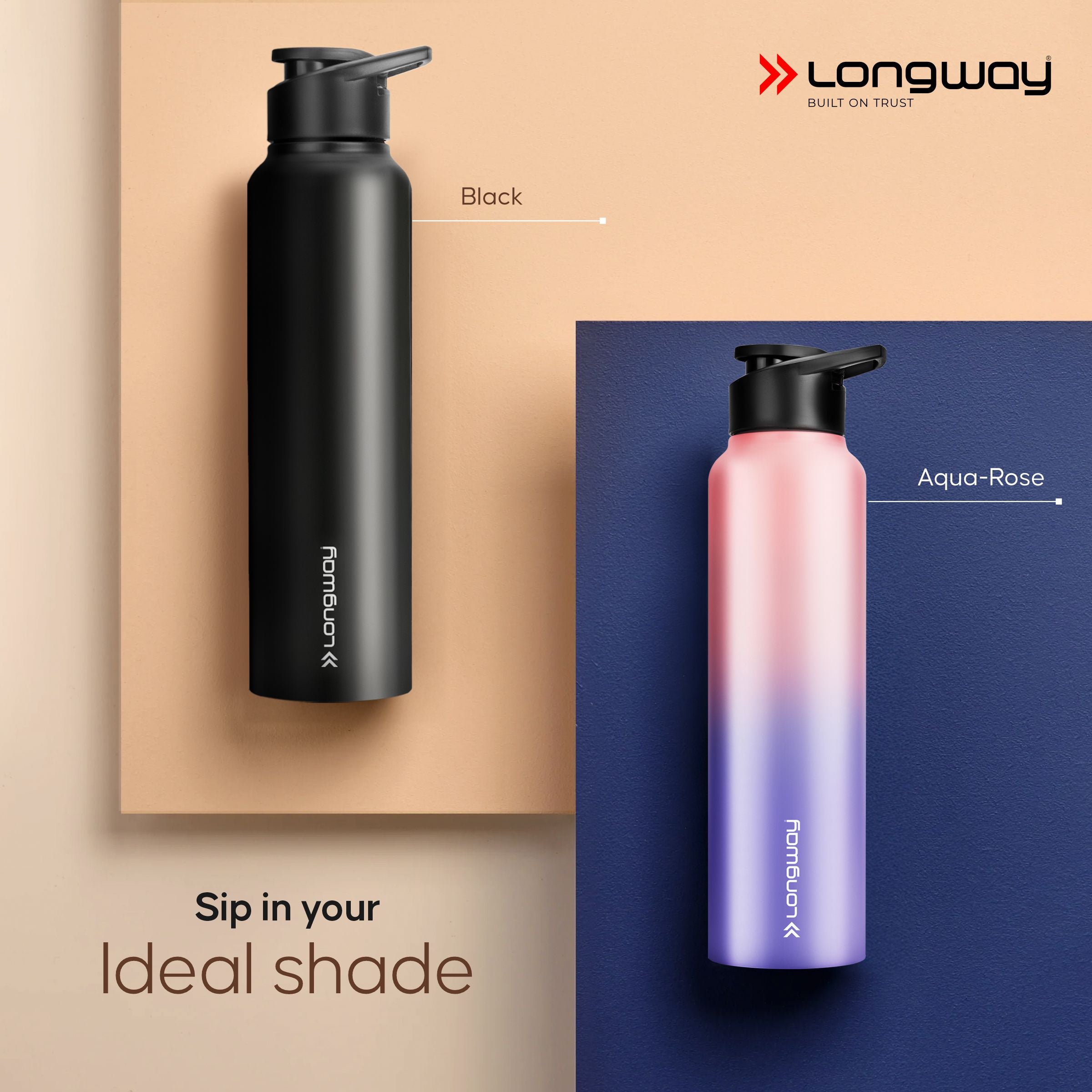 Longway Rush 1 Ltr Stainless Steel Water Bottle | Leak-Proof & Rust-Free Design | Perfect for School, Office, Home, Gym, Travel & Ideal for Men, Women & Kids (1000 ml, Aqua-Rose)