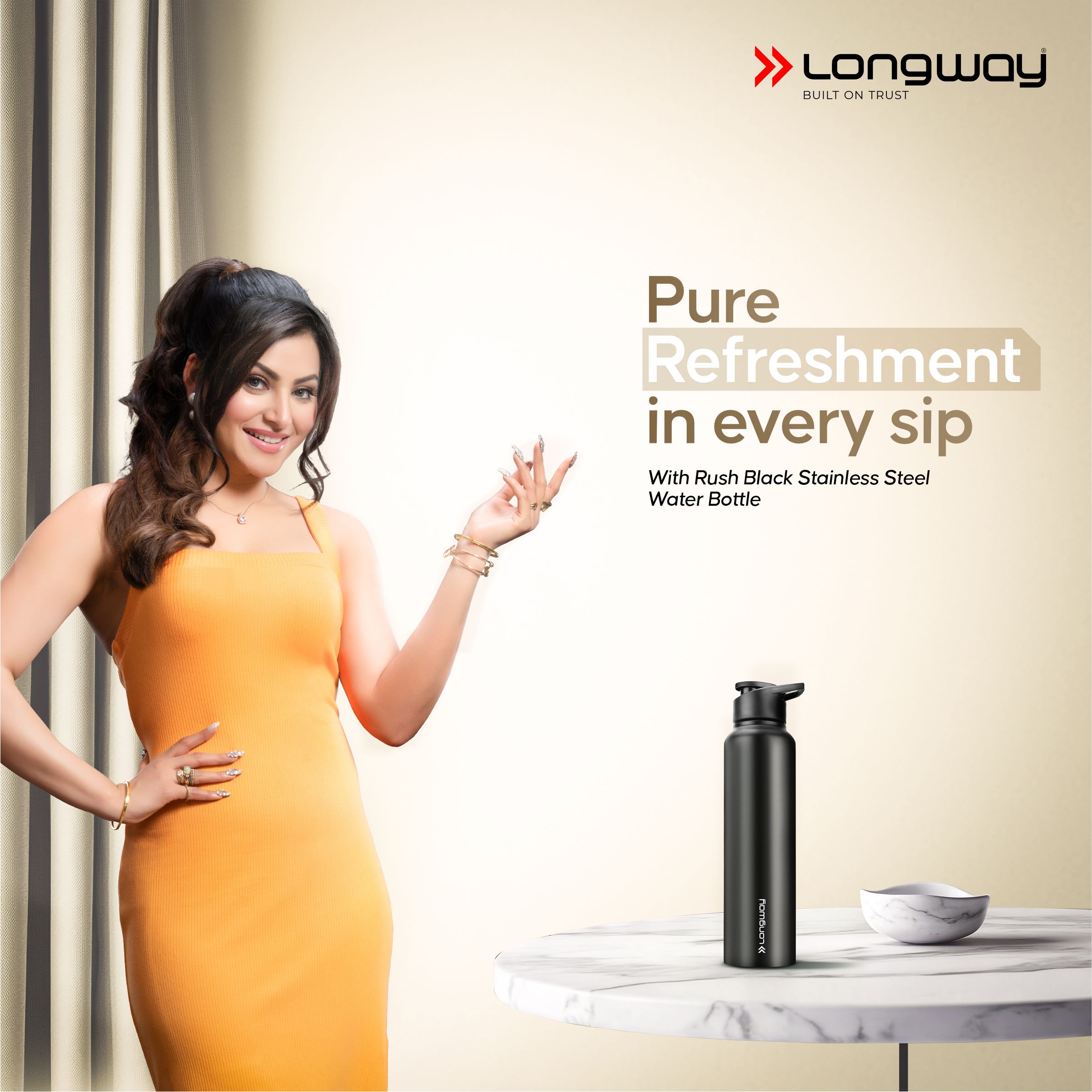 Longway Rush 1 Ltr Stainless Steel Water Bottle | Leak-Proof & Rust-Free Design | Perfect for School, Office, Home, Gym, Travel & Ideal for Men, Women & Kids (1000 ml)