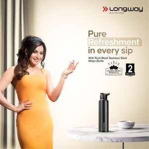 Longway Rush 1 Ltr Stainless Steel Water Bottle | Leak-Proof & Rust-Free Design | Perfect for School, Office, Home, Gym, Travel & Ideal for Men, Women & Kids (1000 ml, Black)