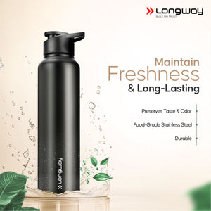 Longway Rush 1 Ltr Stainless Steel Water Bottle | Leak-Proof & Rust-Free Design | Perfect for School, Office, Home, Gym, Travel & Ideal for Men, Women & Kids (1000 ml, Black)