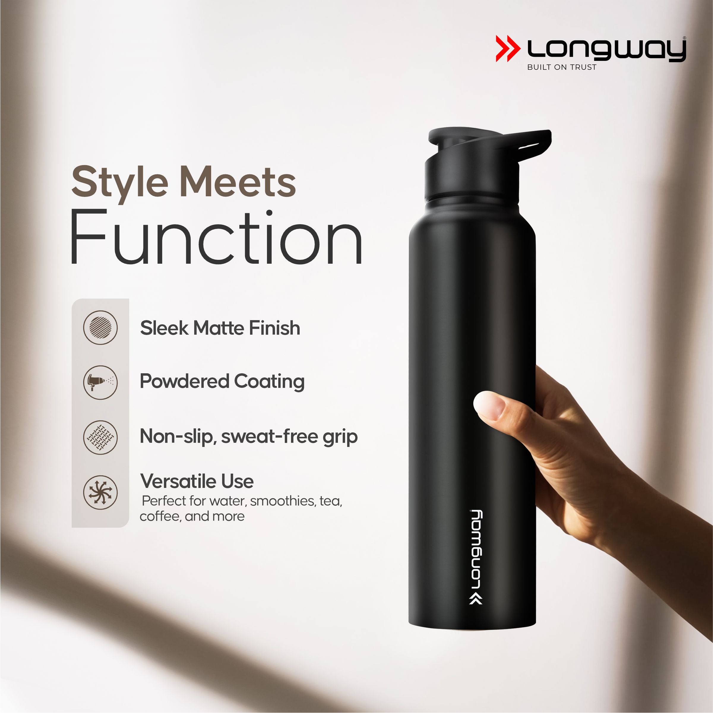 Longway Rush 1 Ltr Stainless Steel Water Bottle | Leak-Proof & Rust-Free Design | Perfect for School, Office, Home, Gym, Travel & Ideal for Men, Women & Kids (1000 ml, Black)