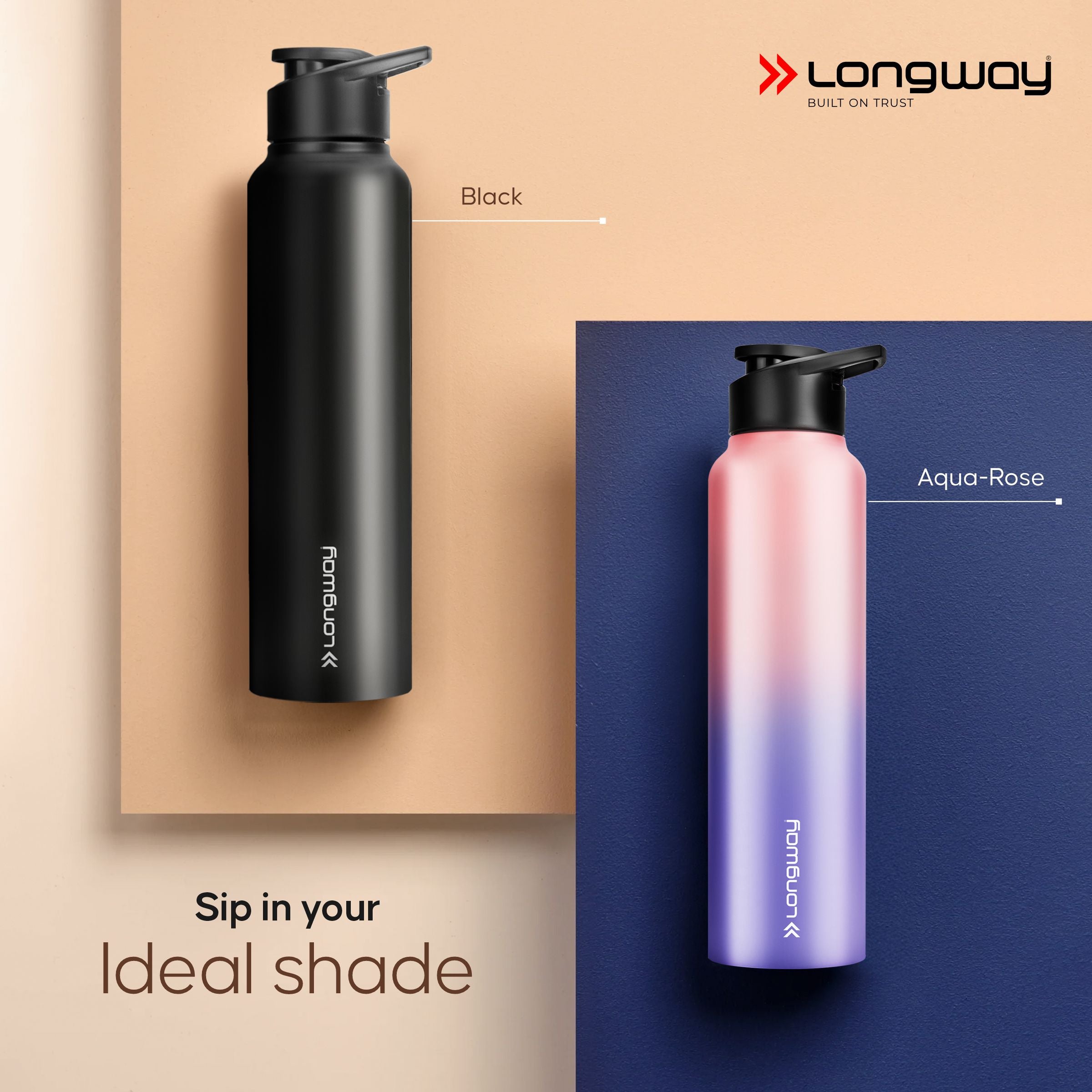 Longway Rush 1 Ltr Stainless Steel Water Bottle | Leak-Proof & Rust-Free Design | Perfect for School, Office, Home, Gym, Travel & Ideal for Men, Women & Kids (1000 ml, Black)