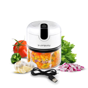 Longway Slicer Rechargeable Mini Electric Chopper | 250ml Food Grade Bowl | Stainless Steel Blades | One Touch Operation | Chopping & Mincing Garlic, Onion, Ginger, Vegetable, Meat, Nuts| Portable & Compact | 1 Year Warranty (White)