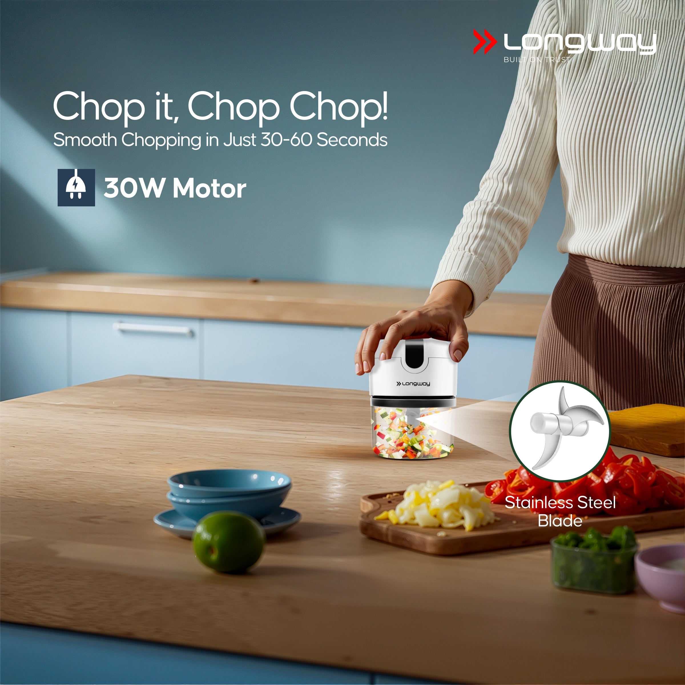Longway Slicer Rechargeable Mini Electric Chopper | 250ml Food Grade Bowl | Stainless Steel Blades | One Touch Operation | Chopping & Mincing Garlic, Onion, Ginger, Vegetable, Meat, Nuts| Portable & Compact | 1 Year Warranty (White)