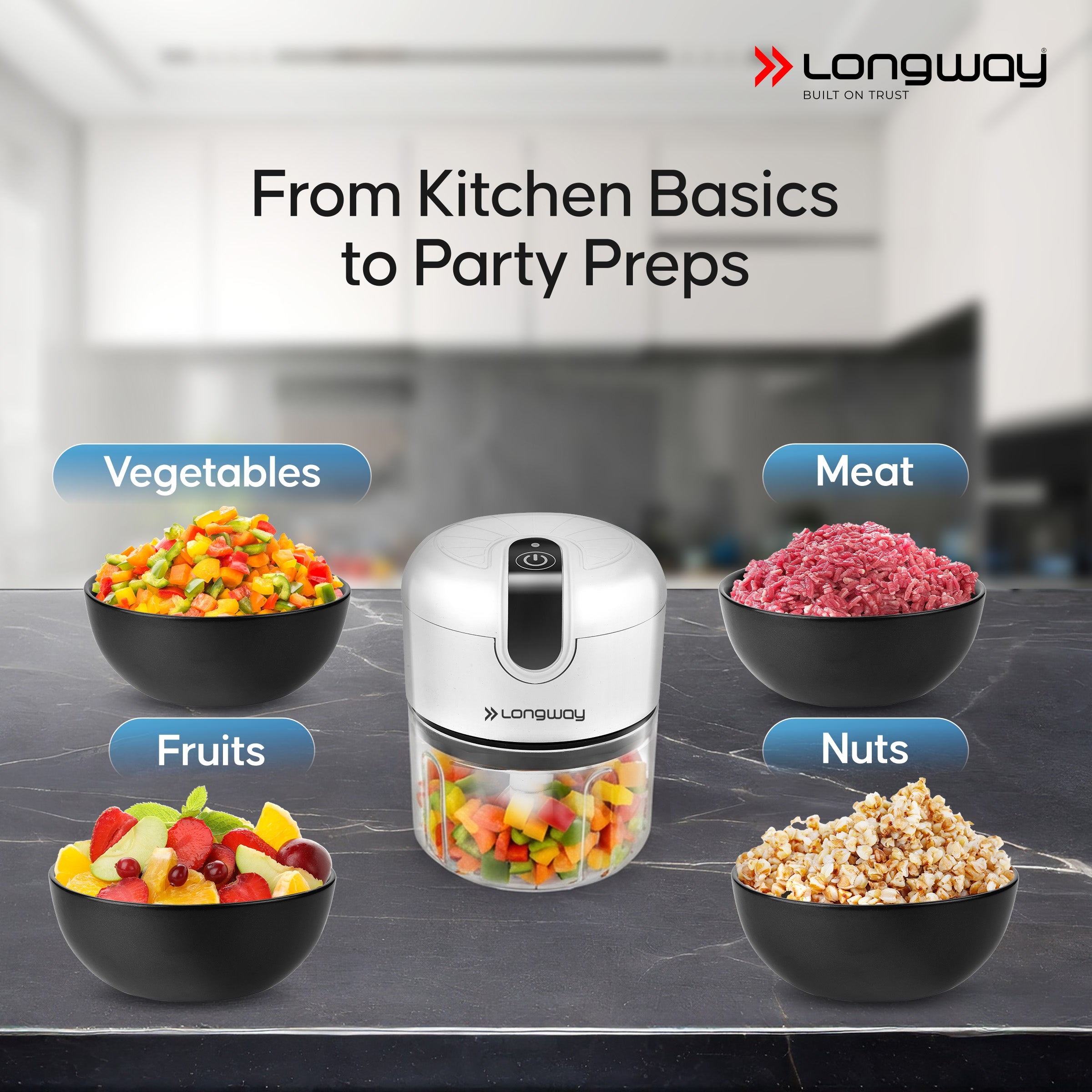 Longway Slicer Rechargeable Mini Electric Chopper | 250ml Food Grade Bowl | Stainless Steel Blades | One Touch Operation | Chopping & Mincing Garlic, Onion, Ginger, Vegetable, Meat, Nuts| Portable & Compact | 1 Year Warranty (White)