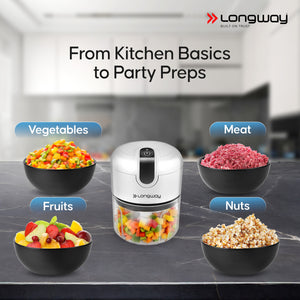 Longway Slicer Rechargeable Mini Electric Chopper | 250ml Food Grade Bowl | Stainless Steel Blades | One Touch Operation | Chopping & Mincing Garlic, Onion, Ginger, Vegetable, Meat, Nuts| Portable & Compact | 1 Year Warranty (White)