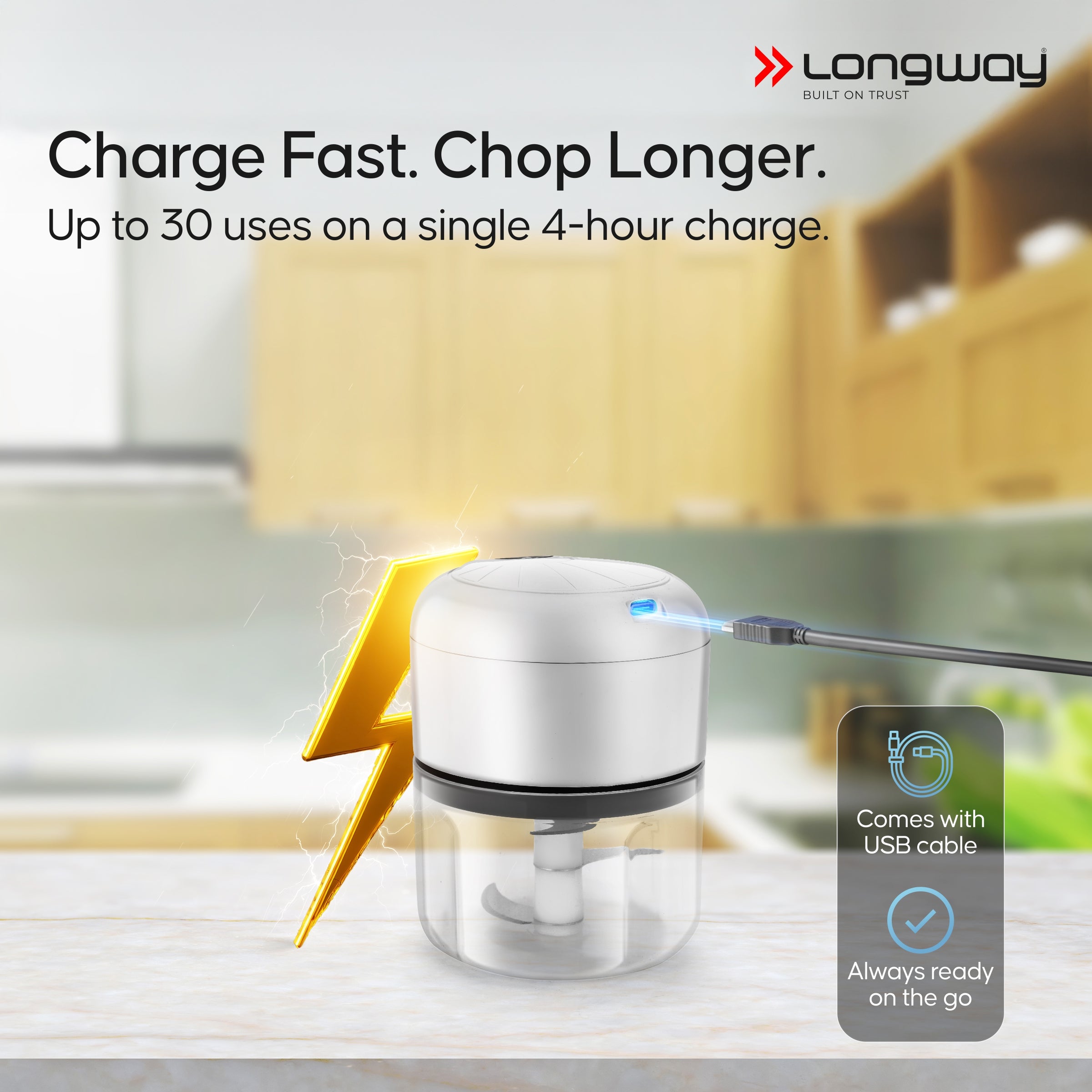 Longway Slicer Rechargeable Mini Electric Chopper | 250ml Food Grade Bowl | Stainless Steel Blades | One Touch Operation | Chopping & Mincing Garlic, Onion, Ginger, Vegetable, Meat, Nuts| Portable & Compact | 1 Year Warranty (White)
