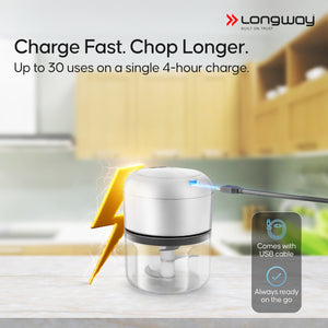 Longway Slicer Rechargeable Mini Electric Chopper | 250ml Food Grade Bowl | Stainless Steel Blades | One Touch Operation | Chopping & Mincing Garlic, Onion, Ginger, Vegetable, Meat, Nuts| Portable & Compact | 1 Year Warranty (White)