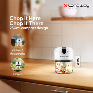 Longway Slicer Rechargeable Mini Electric Chopper | 250ml Food Grade Bowl | Stainless Steel Blades | One Touch Operation | Chopping & Mincing Garlic, Onion, Ginger, Vegetable, Meat, Nuts| Portable & Compact | 1 Year Warranty (White)