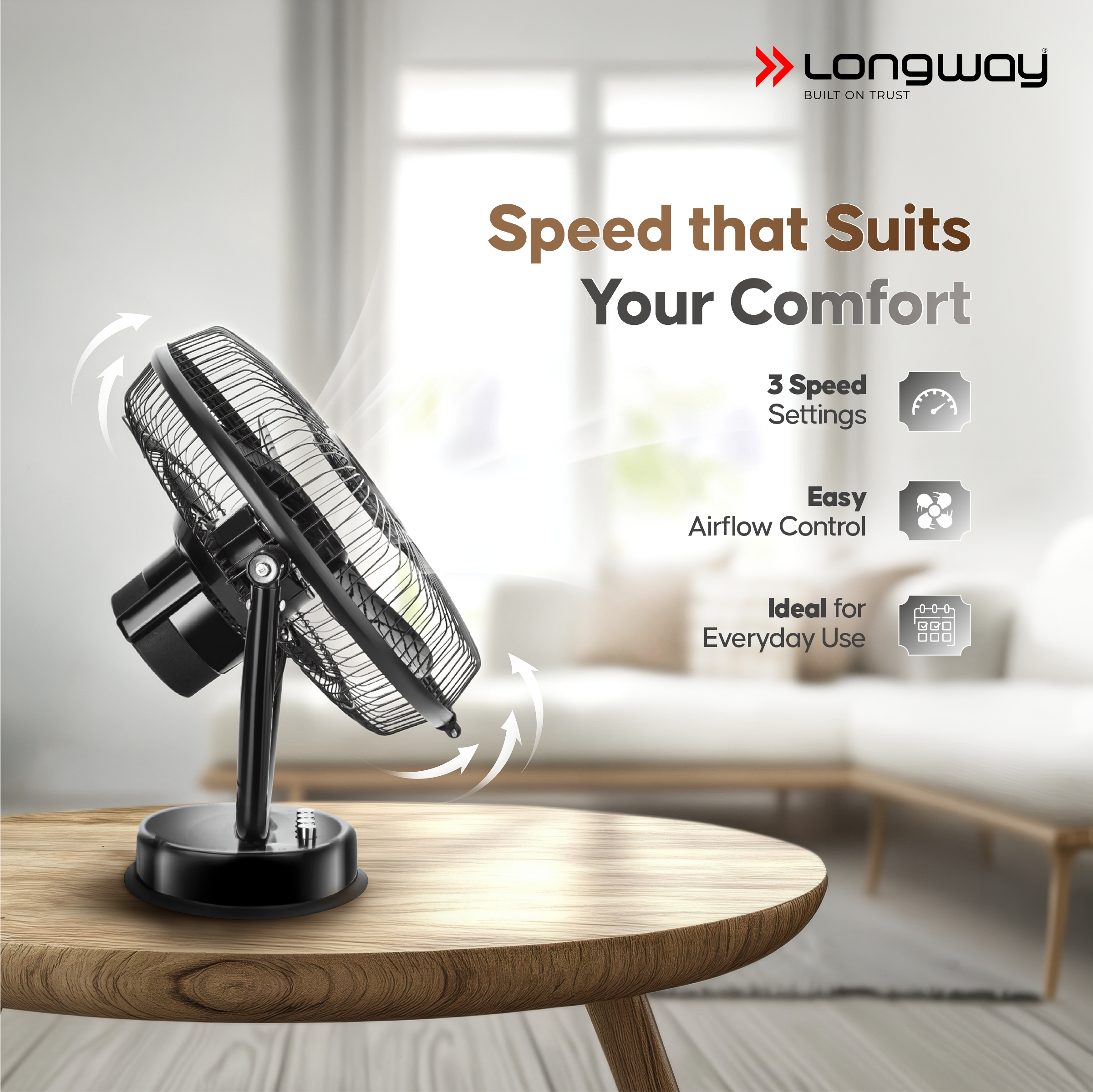 Longway Speedy P1 300 mm/12 Inch Ultra High Speed 3 Blade Anti-Dust Decorative Star Rated Table Fan