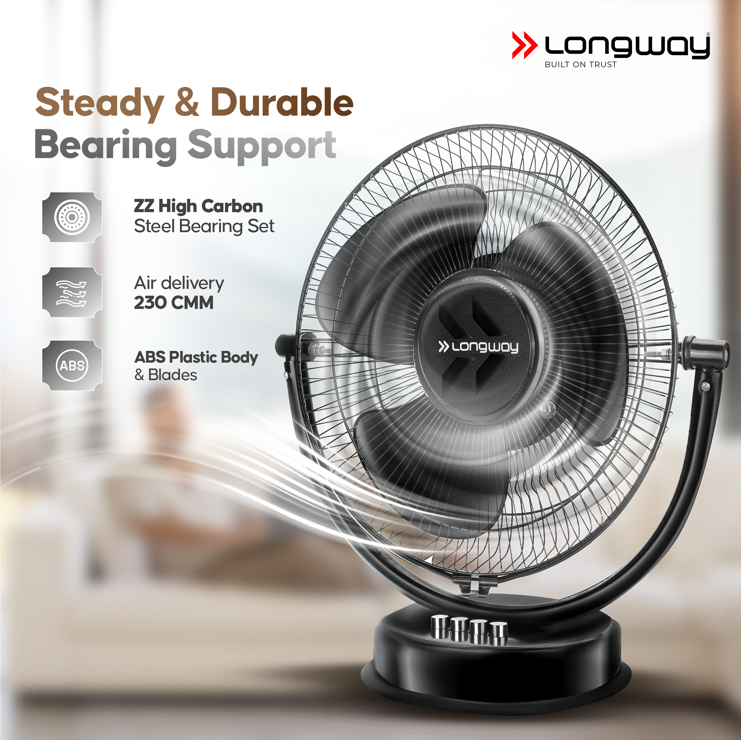 Longway Speedy P1 300 mm/12 Inch Ultra High Speed 3 Blade Anti-Dust Decorative Star Rated Table Fan