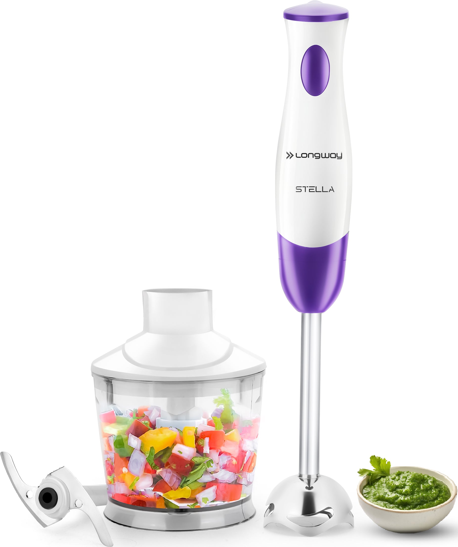 Longway Stella Hand Blender with Chopper | Stainless Steel Blades | Detachable Anti Splash Stainless Steel Foot | Perfect for Smooth Blends (300 W, Purple)