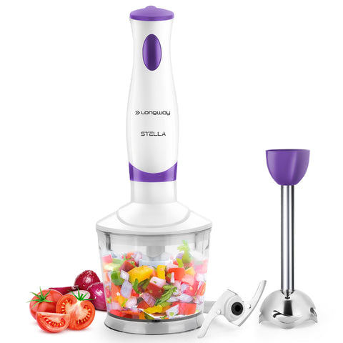 Longway Stella Hand Blender with Chopper | Stainless Steel Blades | Detachable Anti Splash Stainless Steel Foot | Perfect for Smooth Blends (300 W, Purple)