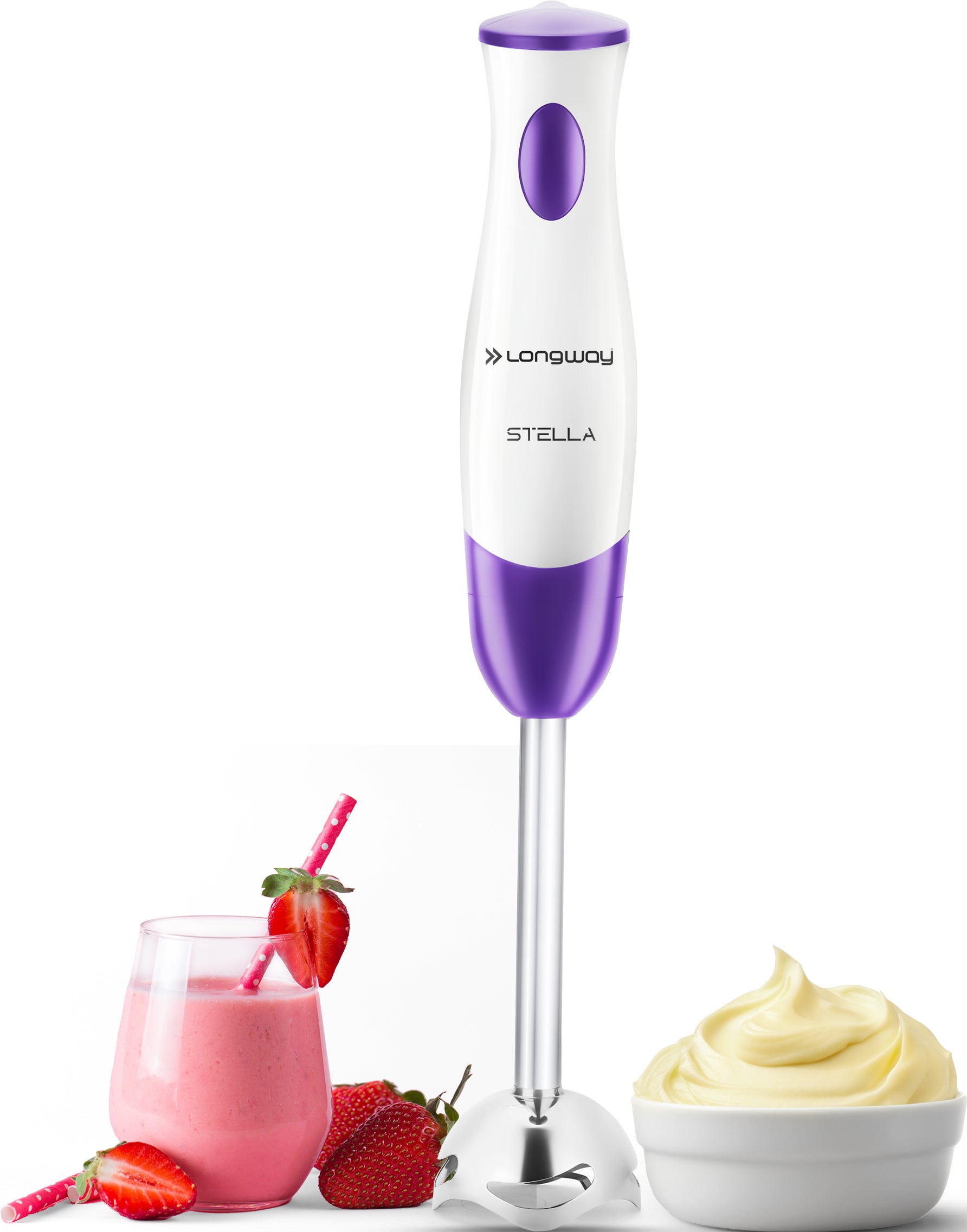 Longway Stella Hand Blender with Stainless Steel Blades | Detachable Anti Splash Stainless Steel Foot | Perfect for Smooth Blends (300 W, Purple)