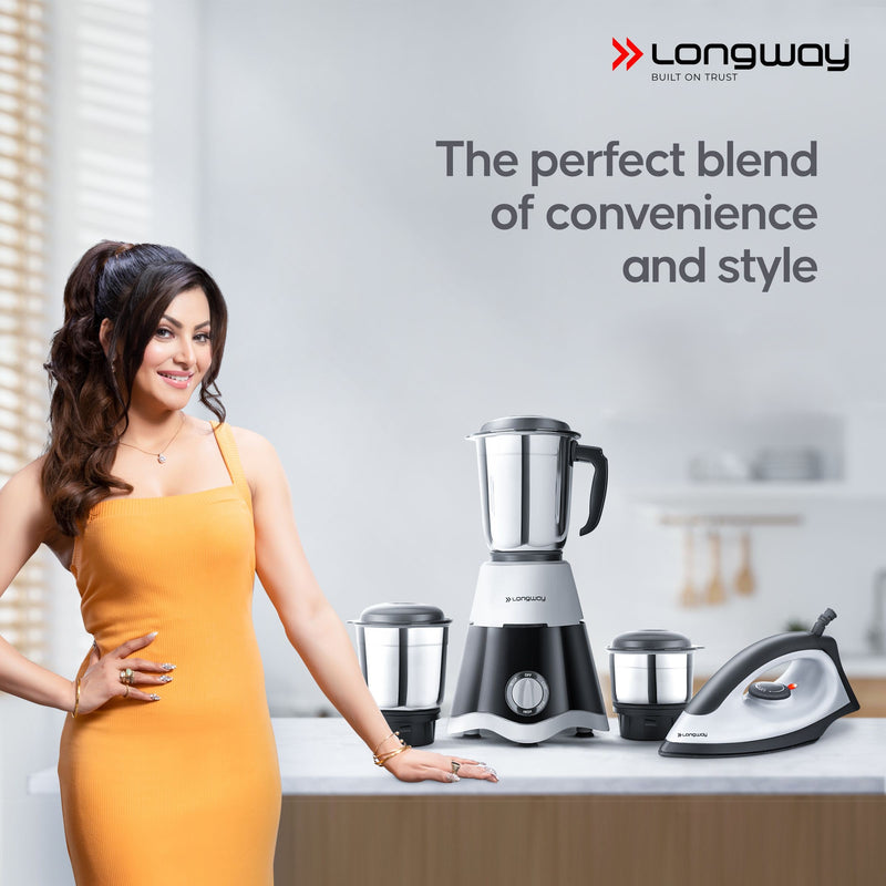 Longway Super Dlx Mixer Grinder with Kwid 1100W Dry Iron | 500 Watt Powerful Motor | 3 Jars for Grinding, Mixing, Juicing | 2 Years Warranty