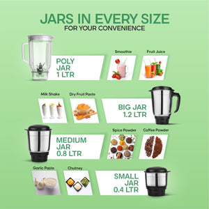 Longway Super Dlx Juicer Mixer Grinder | Up to 750 Watt Max Output Powerful Motor | 4 Jars for Grinding, Mixing, Juicing | 2 Years Warranty