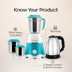 Longway Super DLX 700W Mixer Juicer Grinder + Kestro 1500W Electric Kettle Combo