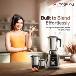 Longway Super Pro Juicer Mixer Grinder | Up to 500 - 750 Watt Max Output Powerful Motor | for Grinding, Mixing, Juicing | 2 Year Warranty