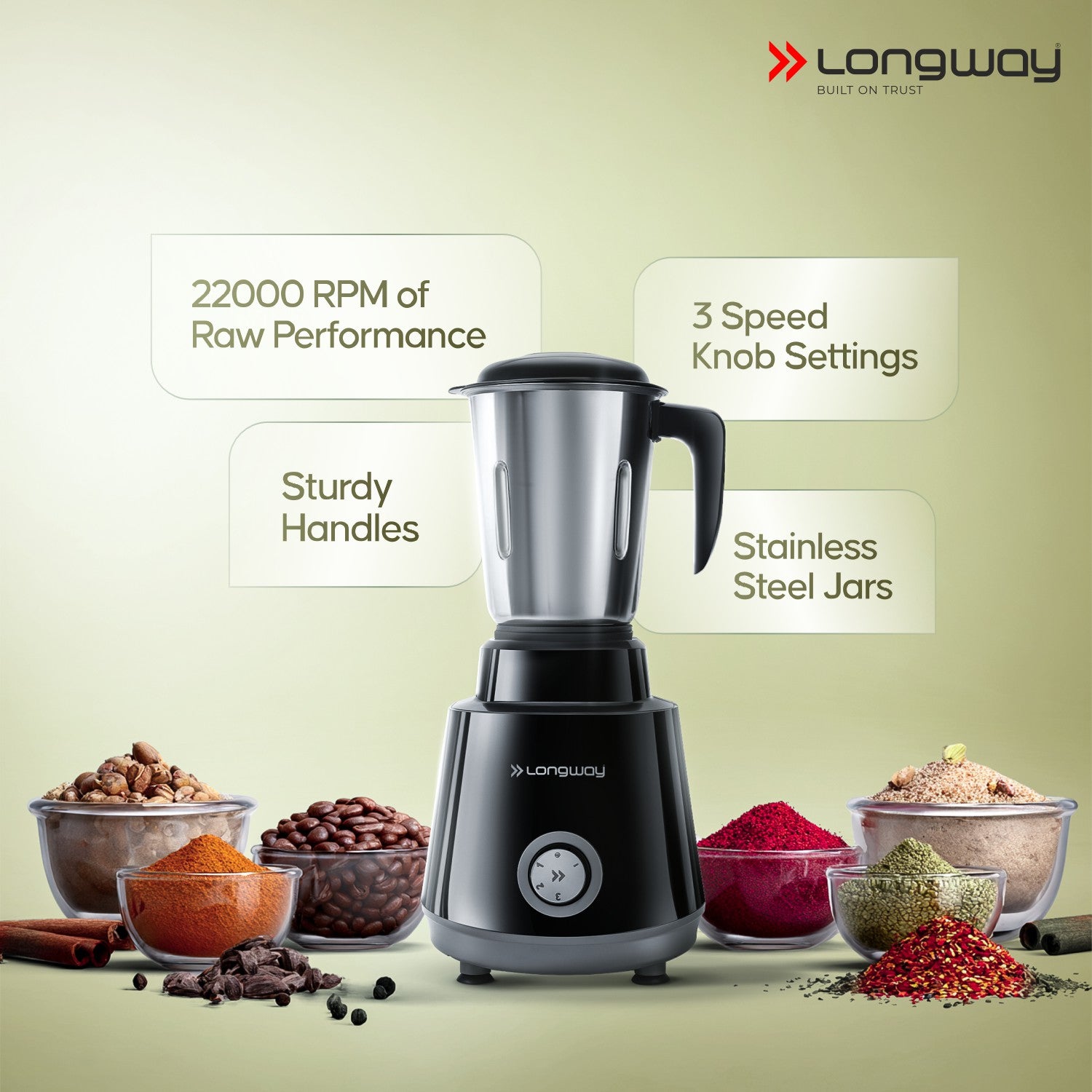 Longway Super Pro Juicer Mixer Grinder | Up to 500 - 750 Watt Max Output Powerful Motor | for Grinding, Mixing, Juicing | 2 Year Warranty