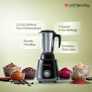 Longway Super Pro Juicer Mixer Grinder | Up to 500 - 750 Watt Max Output Powerful Motor | for Grinding, Mixing, Juicing | 2 Year Warranty
