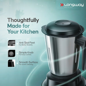 Longway Super Pro Juicer Mixer Grinder | Up to 500 - 750 Watt Max Output Powerful Motor | for Grinding, Mixing, Juicing | 2 Year Warranty