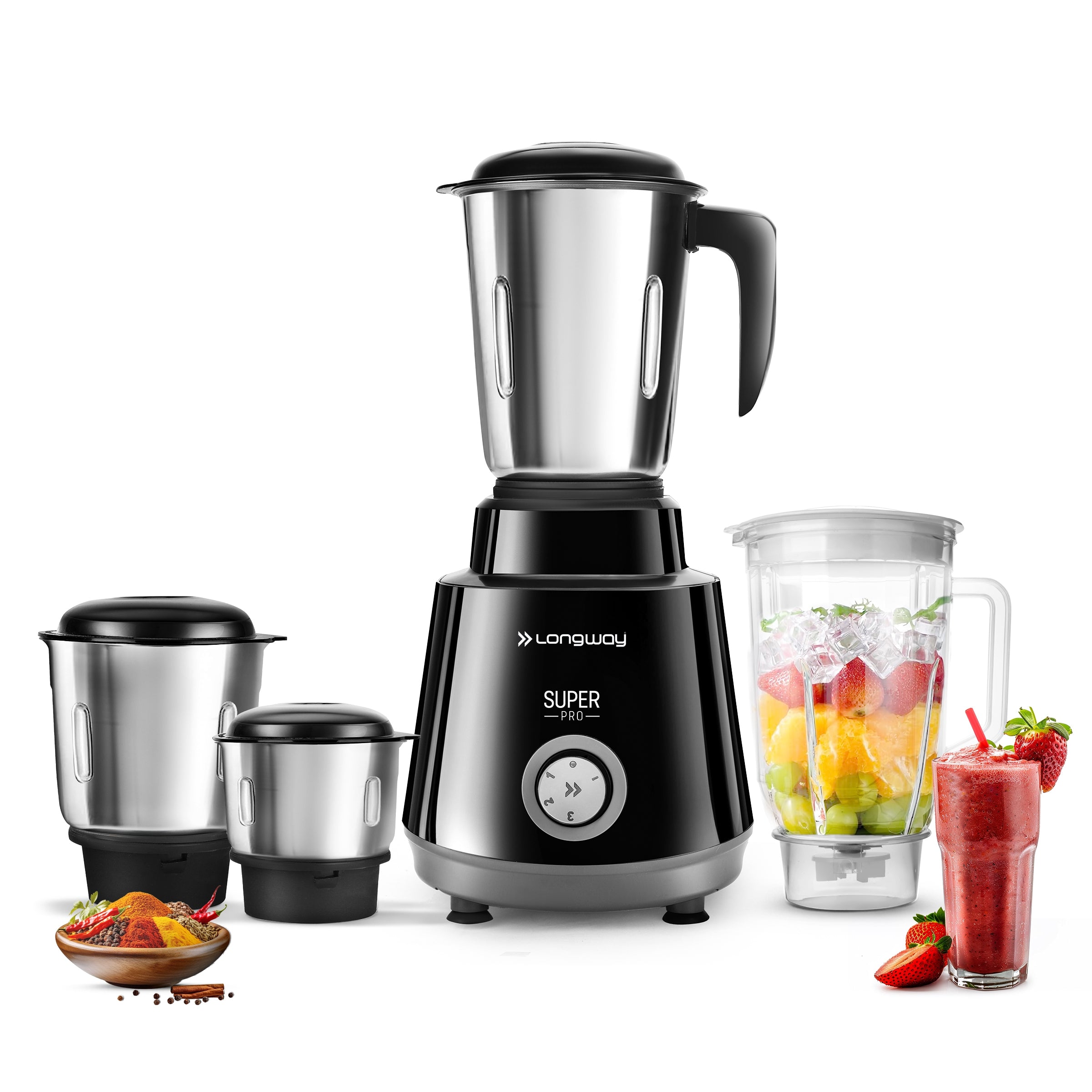 Longway Super Pro Juicer Mixer Grinder | Up to 700 - 750 Watt Powerful Motor | for Grinding, Mixing, Juicing | 2 Year Warranty