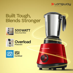 Longway Super Pro Juicer Mixer Grinder | Up to 500 - 750 Watt Max Output Powerful Motor | for Grinding, Mixing, Juicing | 2 Year Warranty