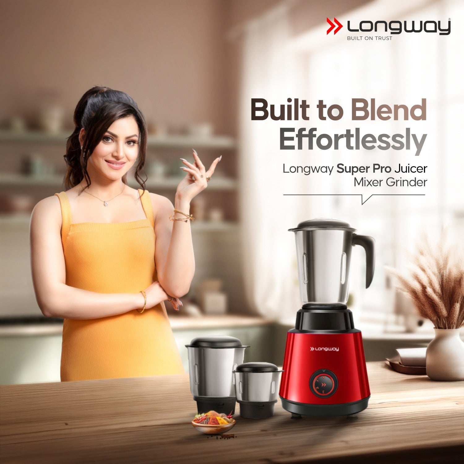 Longway Super Pro Juicer Mixer Grinder | Up to 500 - 750 Watt Max Output Powerful Motor | for Grinding, Mixing, Juicing | 2 Year Warranty