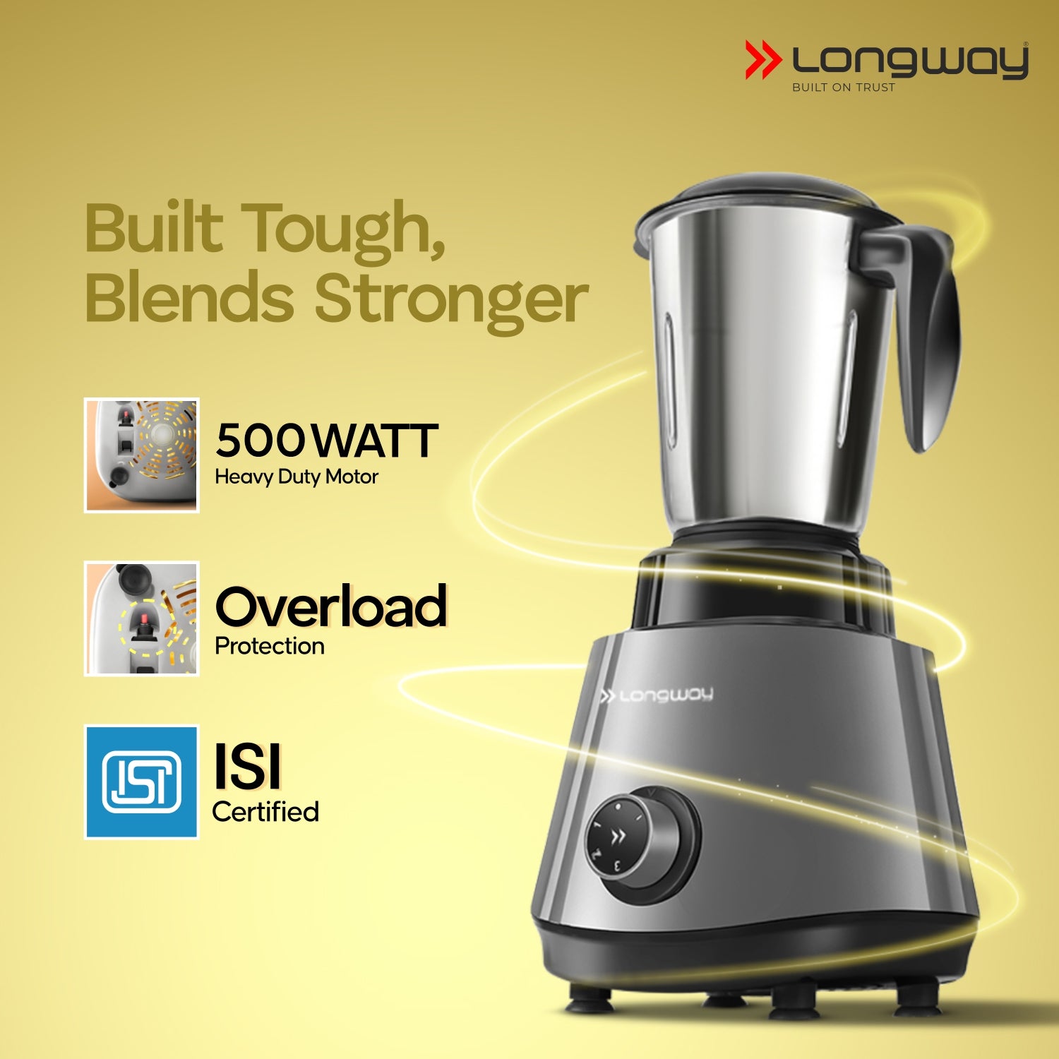 Longway Super Pro Juicer Mixer Grinder | Up to 500 - 750 Watt Max Output Powerful Motor | for Grinding, Mixing, Juicing | 2 Year Warranty