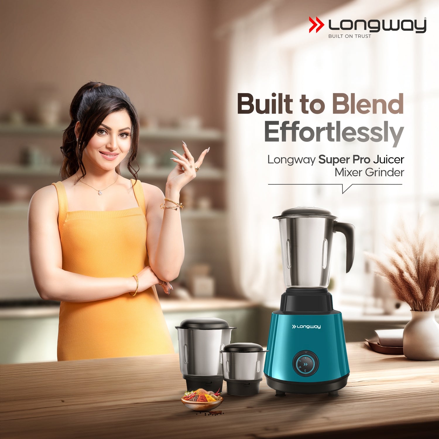 Longway Super Pro Juicer Mixer Grinder | Up to 500 - 750 Watt Max Output Powerful Motor | for Grinding, Mixing, Juicing | 2 Year Warranty