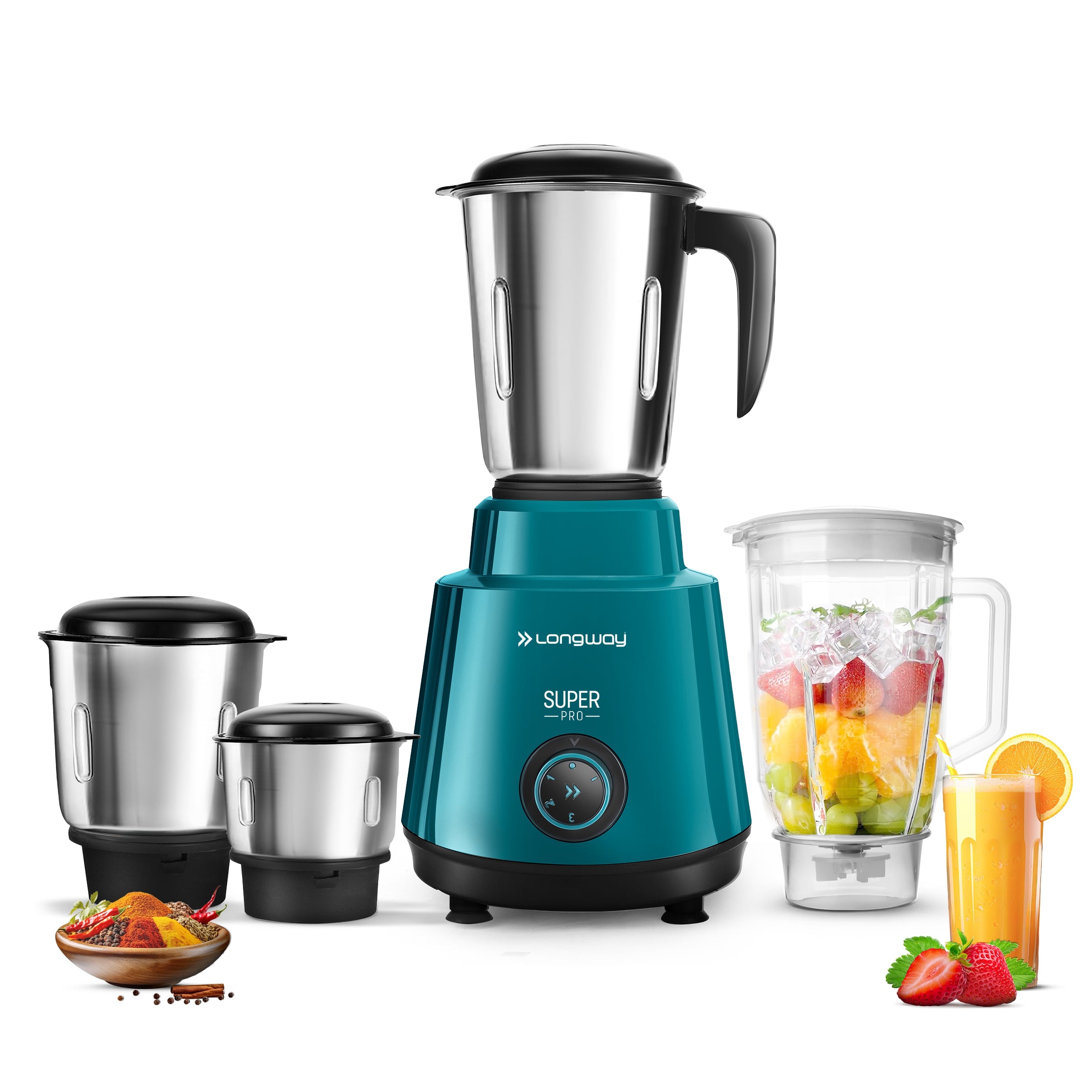 Longway Super Pro Juicer Mixer Grinder | Up to 700 - 750 Watt Powerful Motor | for Grinding, Mixing, Juicing | 2 Year Warranty