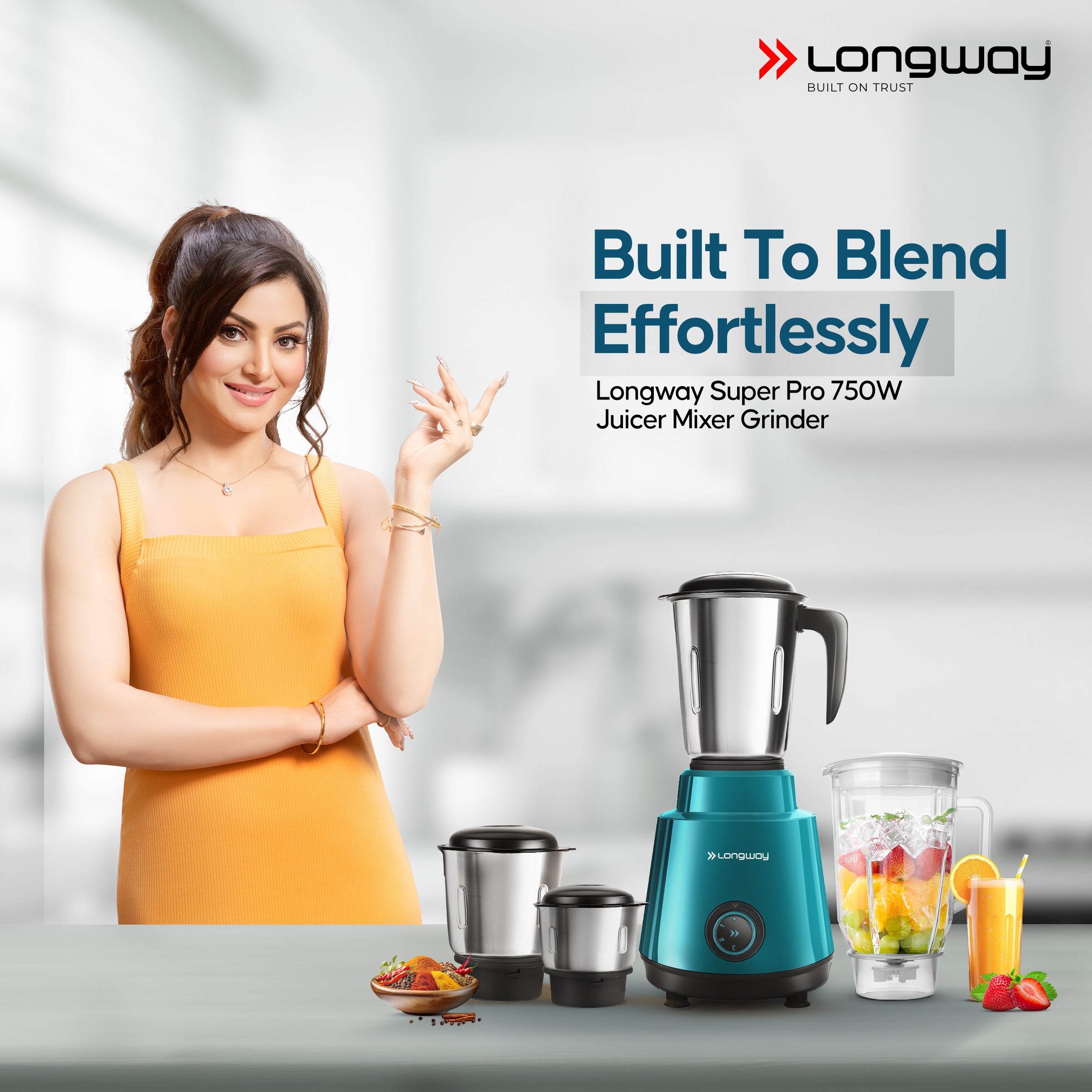Longway Super Pro Juicer Mixer Grinder | Up to 700 - 750 Watt Powerful Motor | for Grinding, Mixing, Juicing | 2 Year Warranty