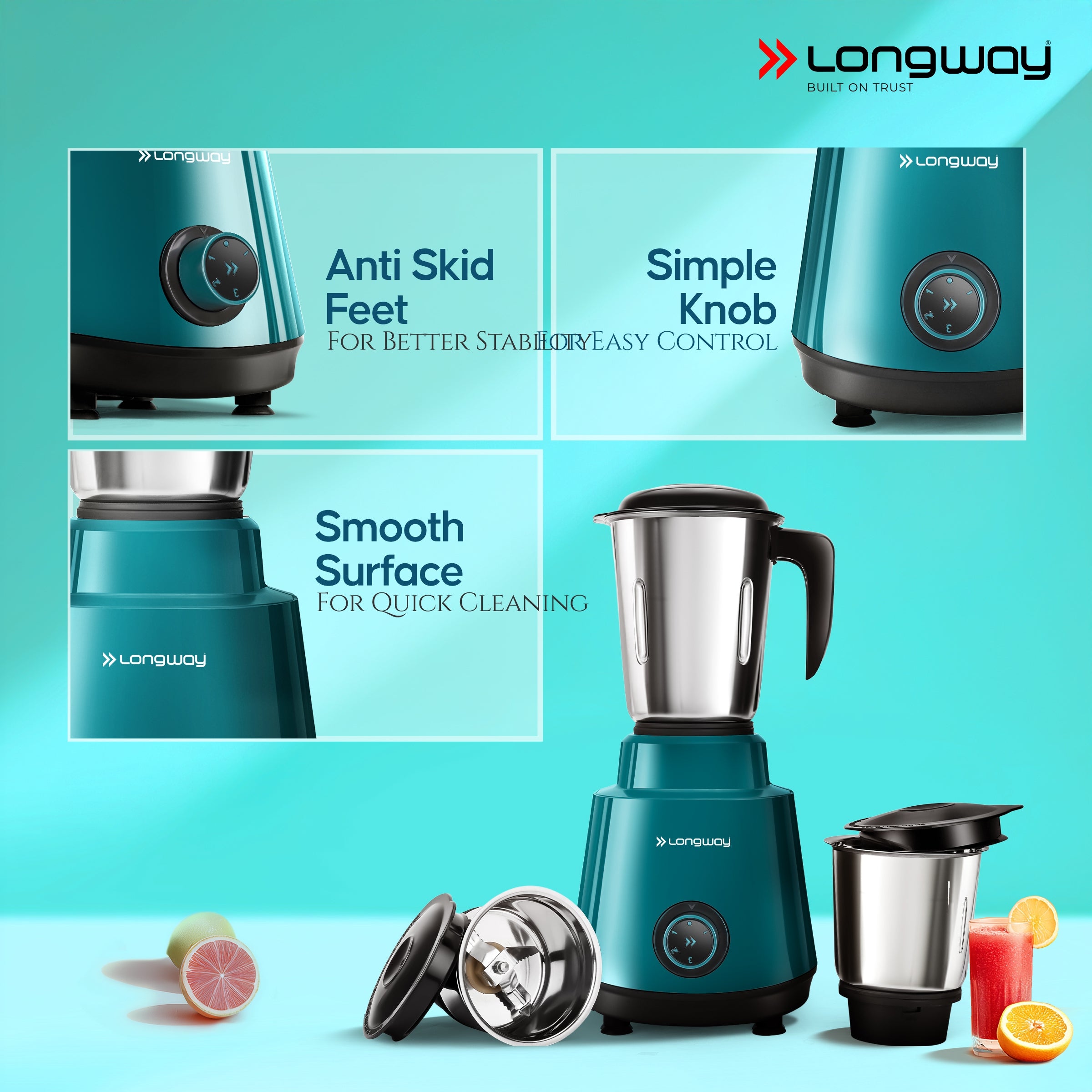 Longway Super Pro Juicer Mixer Grinder | Up to 700 - 750 Watt Powerful Motor | for Grinding, Mixing, Juicing | 2 Year Warranty