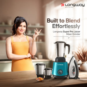 Longway Super Pro Juicer Mixer Grinder | Up to 500 - 750 Watt Max Output Powerful Motor | for Grinding, Mixing, Juicing | 2 Year Warranty