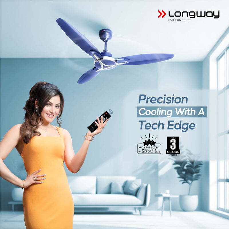 Longway Zephyr 1200 mm BLDC Ceiling Fan with Remote Control | BEE 5 Star Rated Energy Efficient | Ultra High Speed 3 Blade Anti-Dust Decorative Ceiling Fan | 3 Year Warranty (Silver Blue, Pack of 1)