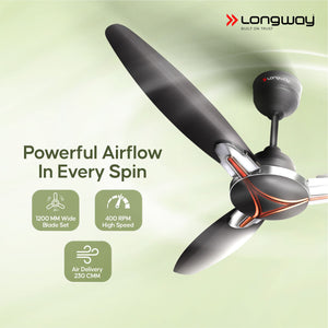 Longway Zephyr 1200 mm BLDC Ceiling Fan with Remote Control | BEE 5 Star Rated Energy Efficient | Ultra High Speed 3 Blade Anti-Dust Decorative Ceiling Fan | 3 Years Warranty