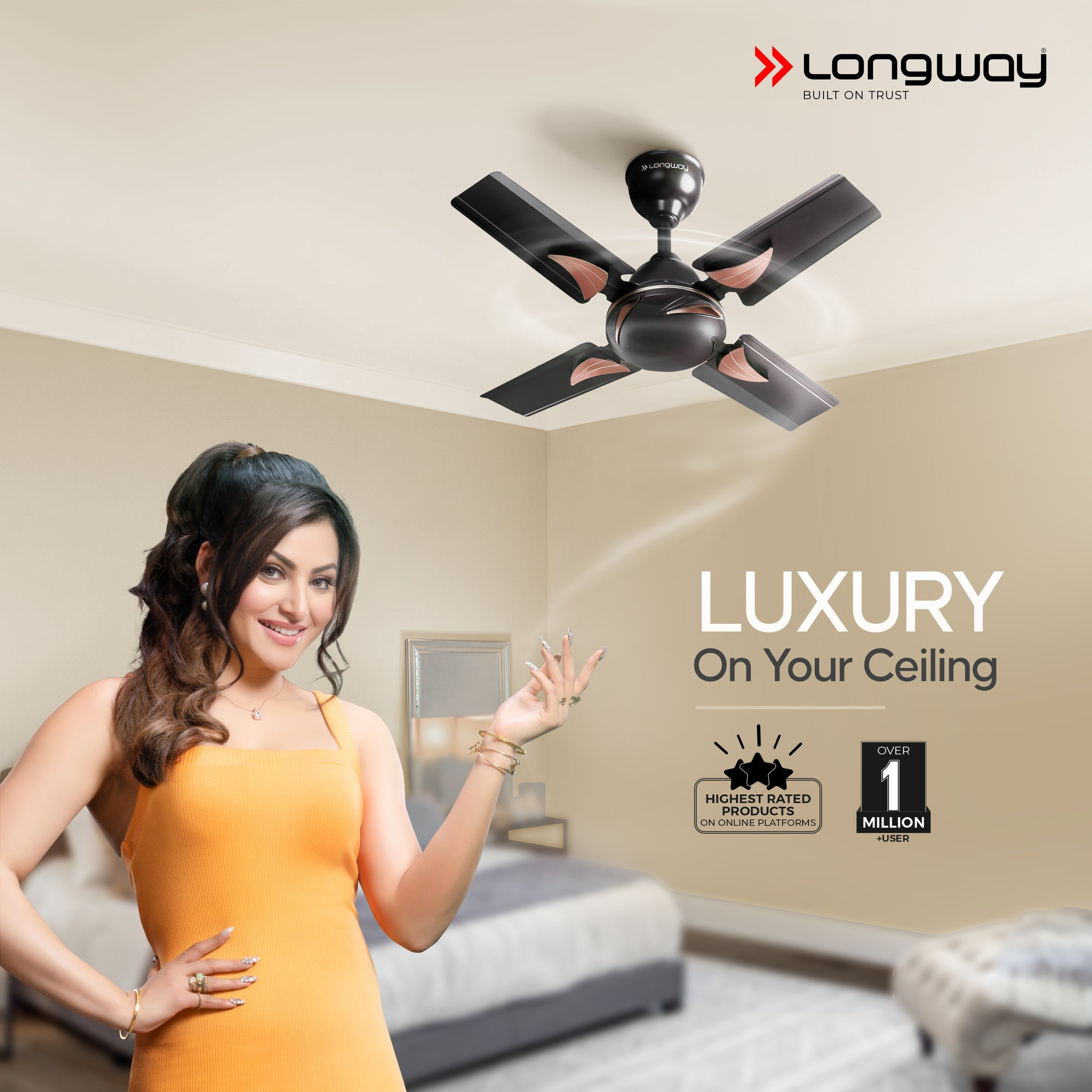 Longway Creta P1 600 mm/24 inch Ultra High Speed 4 Blade Anti-Dust Decorative Star Rated Ceiling Fan (Smoked Brown, Pack of 1)