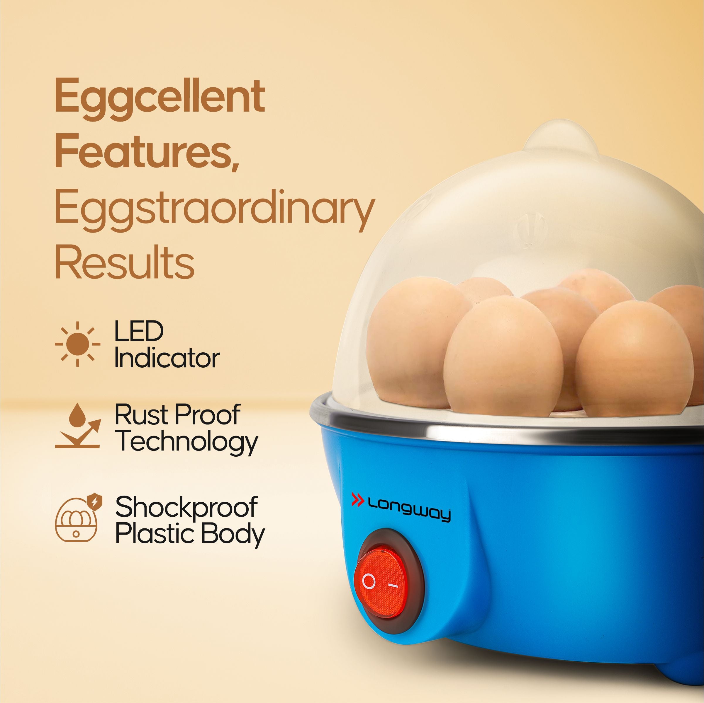 Longway Eggo 350 Watt Egg Boiler/Cooker for Steaming, Cooking & Boiling (Blue, 7 Eggs)