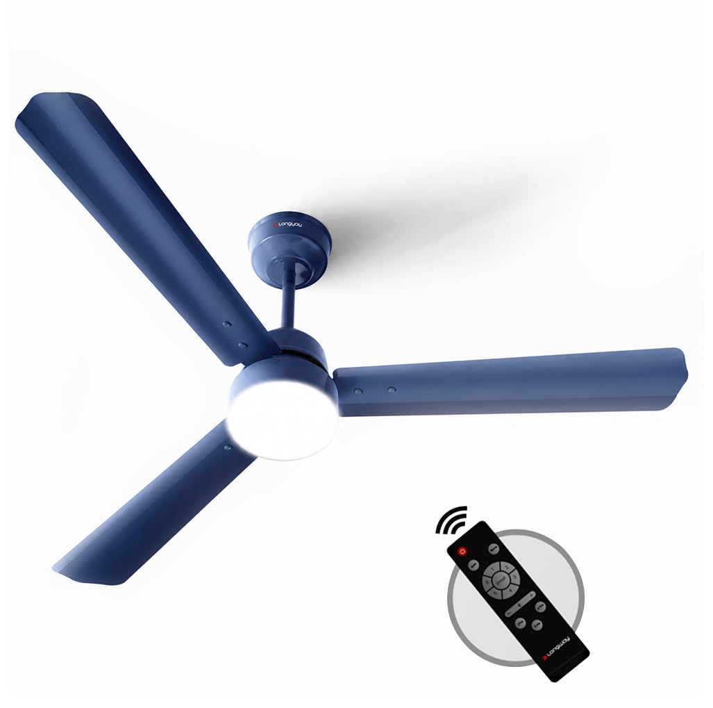 Longway Luminair 1200 mm BLDC Ceiling Fan with Remote Control & LED Light | BEE 5 Star Rated Energy Efficient | Ultra High Speed 3 Blade Anti-Dust Decorative Ceiling Fan | 5 Years Warranty (Blue)