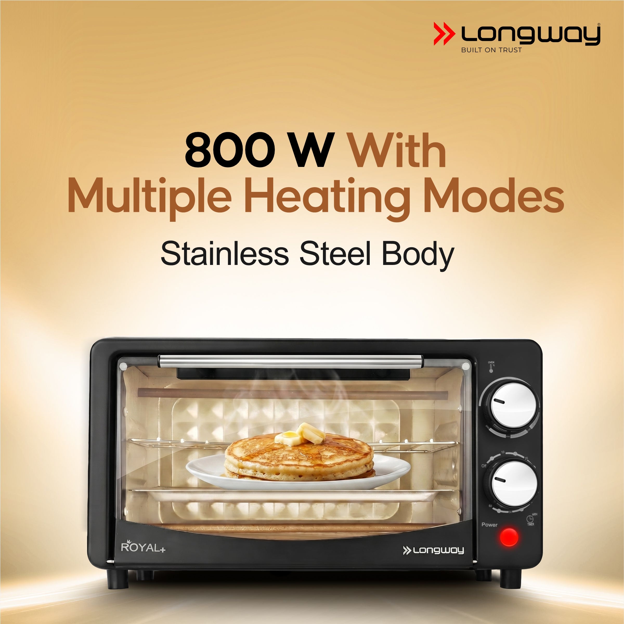 Longway Royal Plus OTG 12L Oven Toaster Griller with Multiple Heating Modes | Temperature Timer Control for Baking Pizza, Cake, Grilling Chicken & Toasting Bread | 2 Years Warranty (800W)