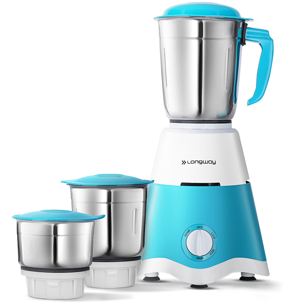 Longway Super Dlx 700 Watt Mixer Grinder with 3 Jars for Grinding, Mixing with Powerful Motor | 1 Year Warranty | (White & Blue, 3 Jars)