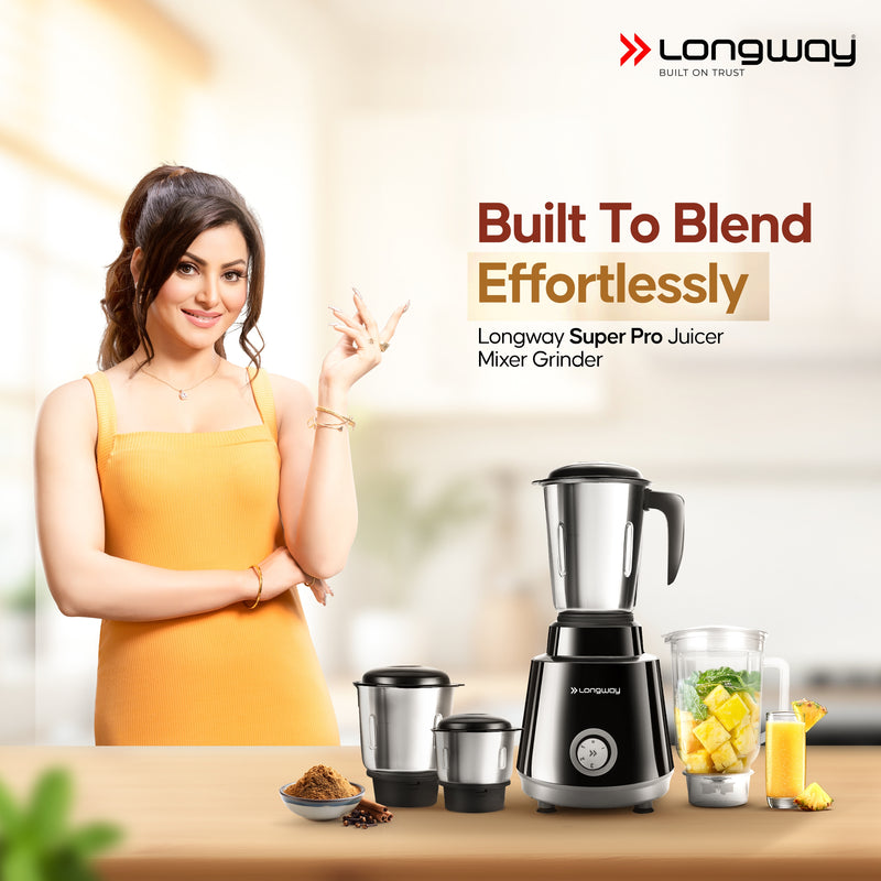 Longway Super Pro Juicer Mixer Grinder | Up to 500 - 750 Watt Max Output Powerful Motor | for Grinding, Mixing, Juicing | 2 Year Warranty