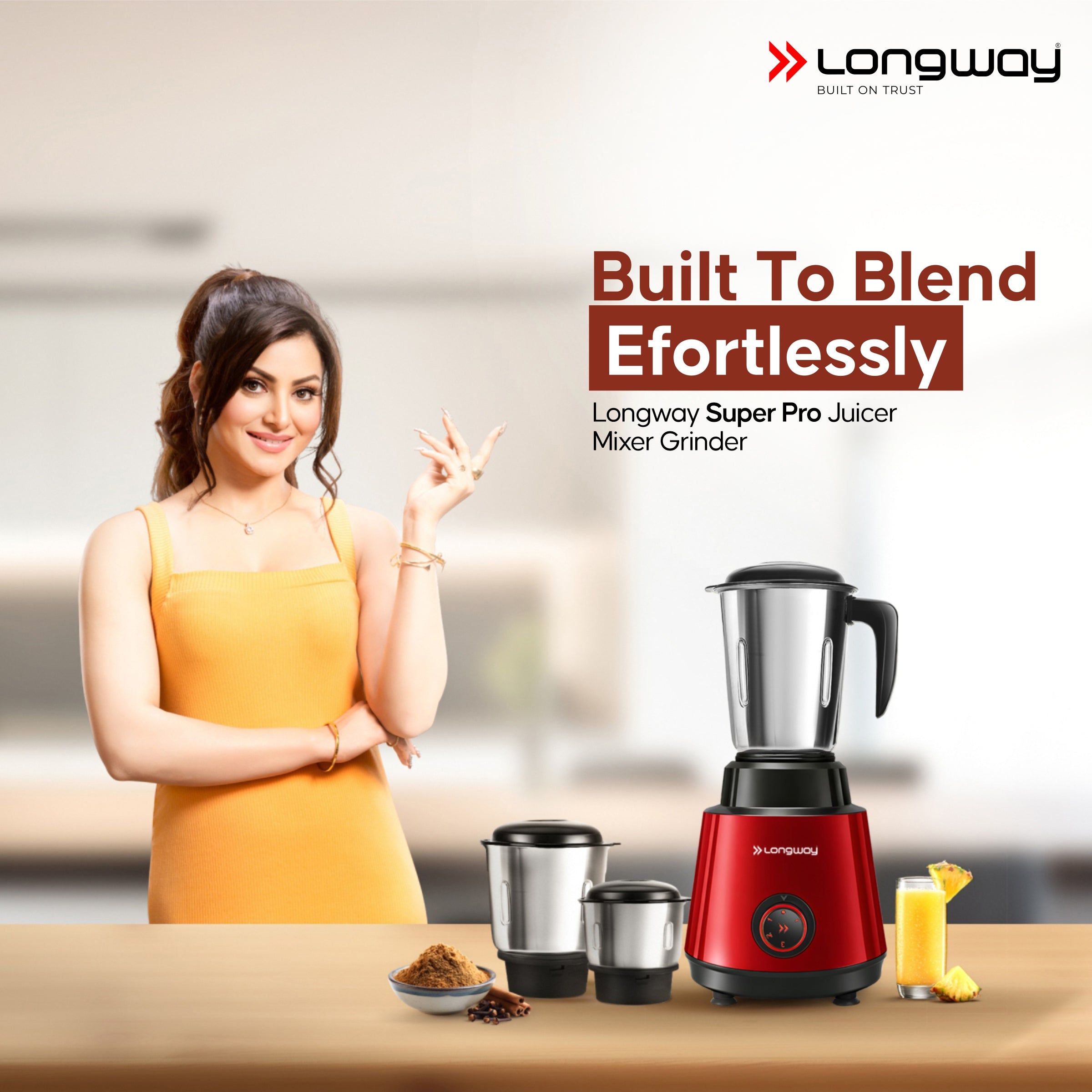 Longway Super Pro Juicer Mixer Grinder | Up to 500 - 750 Watt Max Output Powerful Motor | for Grinding, Mixing, Juicing | 2 Year Warranty