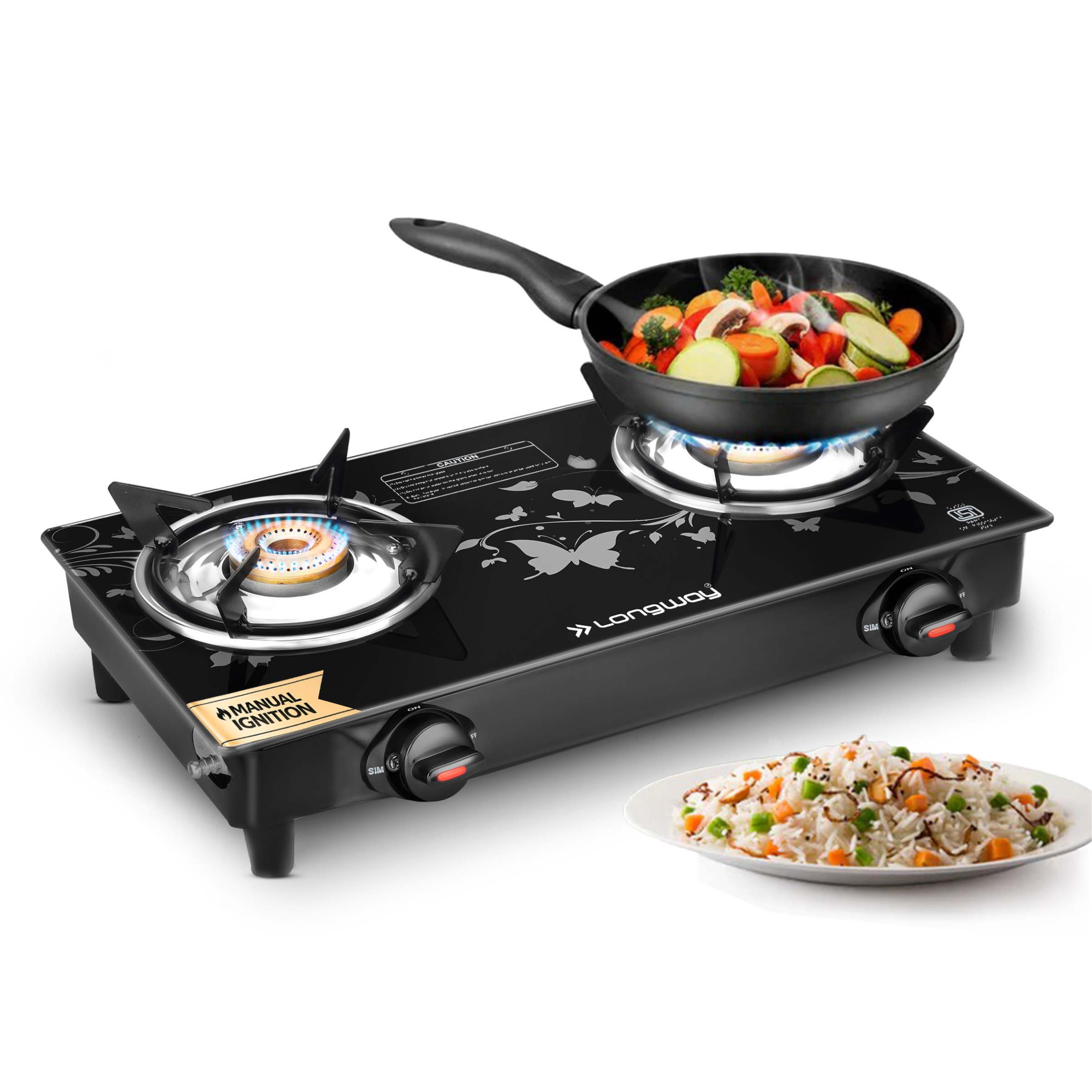 Longway Astra Glass Top, Manual Ignition Glass Gas Stove (Black, ISI Certified, 2 Years Warranty)
