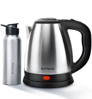Longway Kestro Electric Kettle with Water Bottle Combo | Automatic Shut-Off | Durable Stainless Steel Body For Boiling | 2 Years Warranty (Silver Black, 1500W)